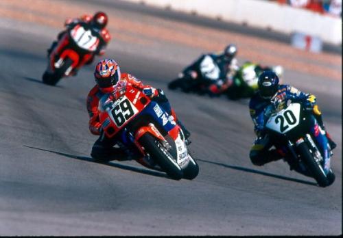 Nicky Hayden leads factory Yoshimura Suzuki Superbike racer Aaron Yates – and everyone else -- on the final lap of the 600 Supersport race at Las Vegas, the final round of the ’98 race season. Hayden out-braked Yates into Turn 4, where the majority of passing is done, but Yates found one more opportunity and re-passed Hayden before the final run through the banking, and earned the win.